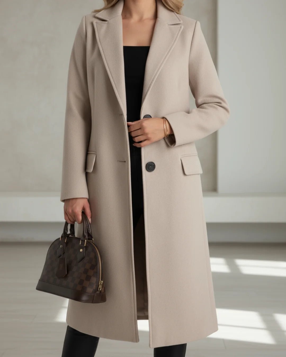 Women's Tailored Single-Row Button Coat with Nipped-In Waist - Beige