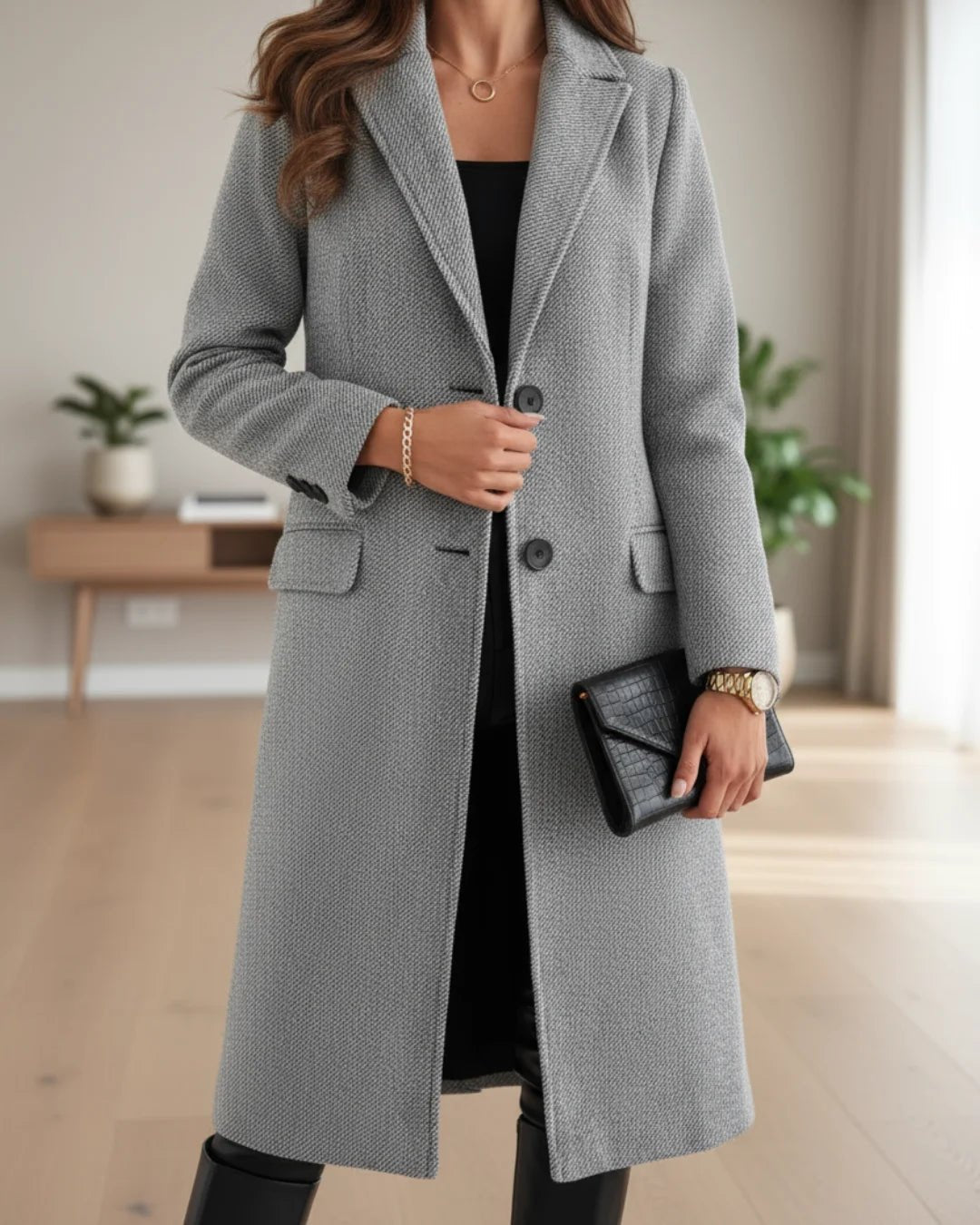 Women's Tailored Single-Row Button Coat with Nipped-In Waist - Grey