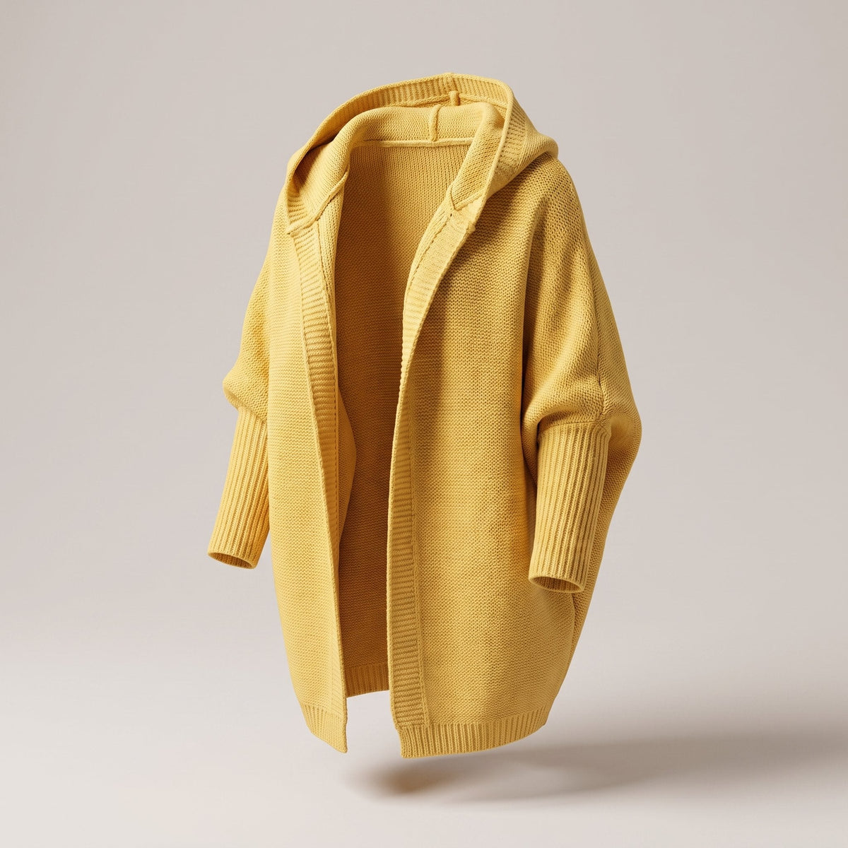 Women's Knee-Length Hooded Knit Duster with Open Front - Yellow