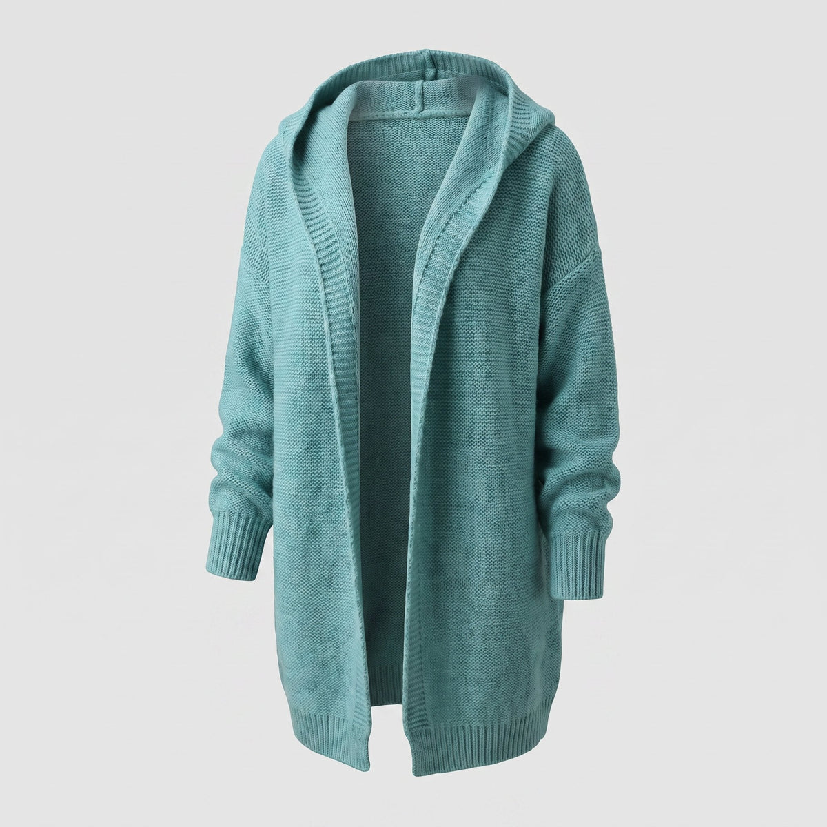 Women's Knee-Length Hooded Knit Duster with Open Front - Blue