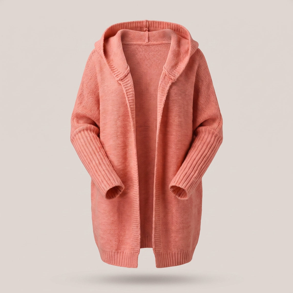 Women's Knee-Length Hooded Knit Duster with Open Front - Orange