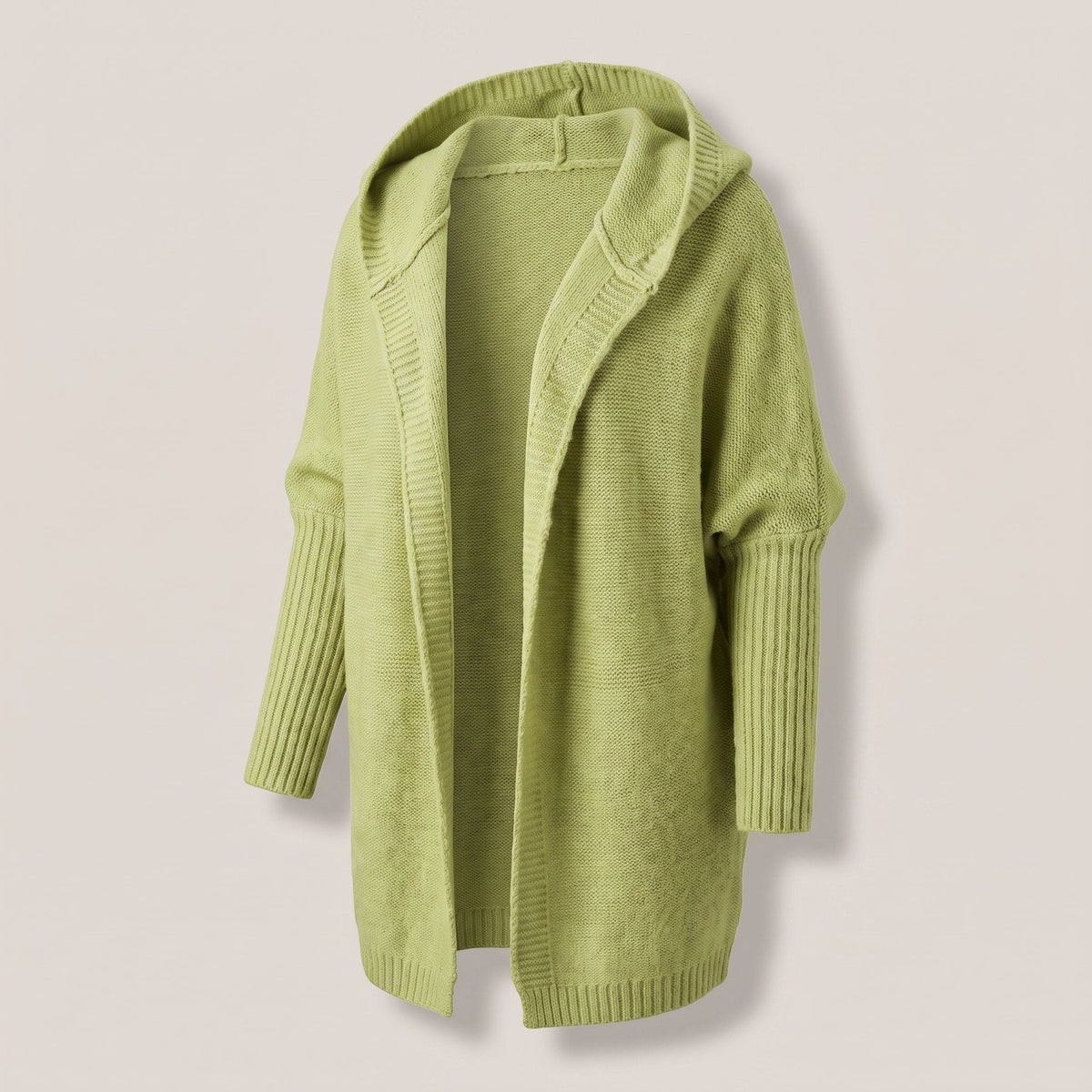Women's Knee-Length Hooded Knit Duster with Open Front - Green