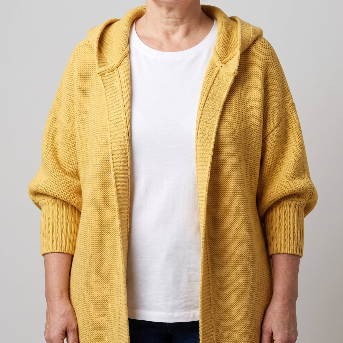 Women's Knee-Length Hooded Knit Duster with Open Front