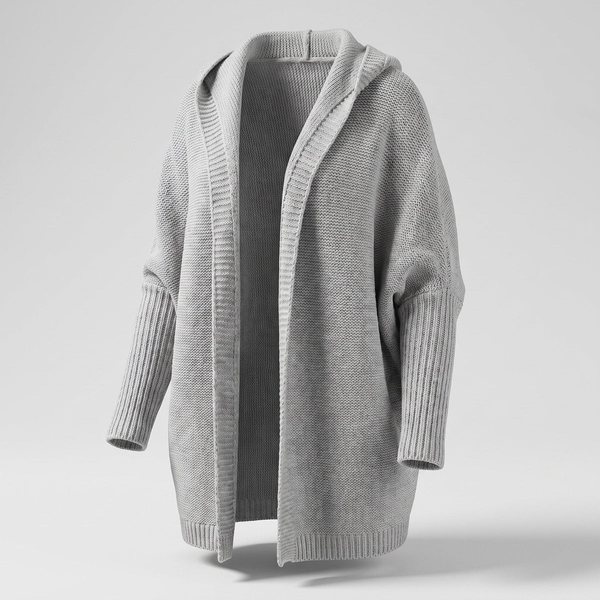 Women's Knee-Length Hooded Knit Duster with Open Front - Grey