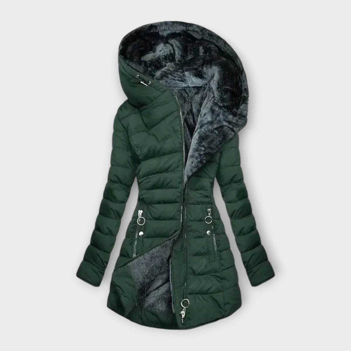 Women's Plush-Lined Quilted Puffer Jacket with Zip-Up Hood - Dark Green
