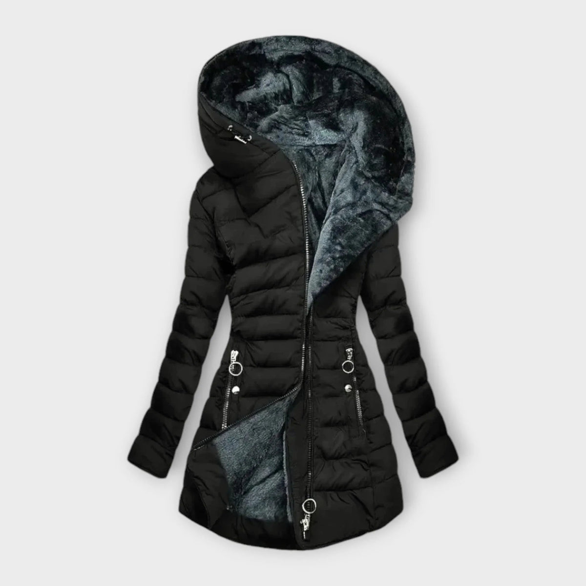 Women's Plush-Lined Quilted Puffer Jacket with Zip-Up Hood - Black