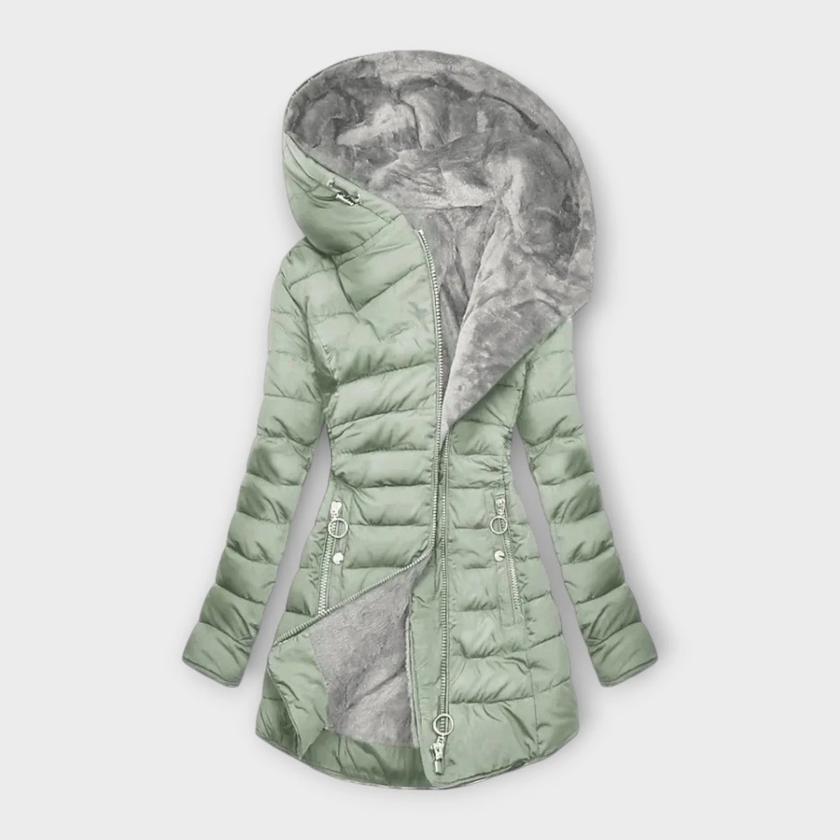 Women's Plush-Lined Quilted Puffer Jacket with Zip-Up Hood - Light Green
