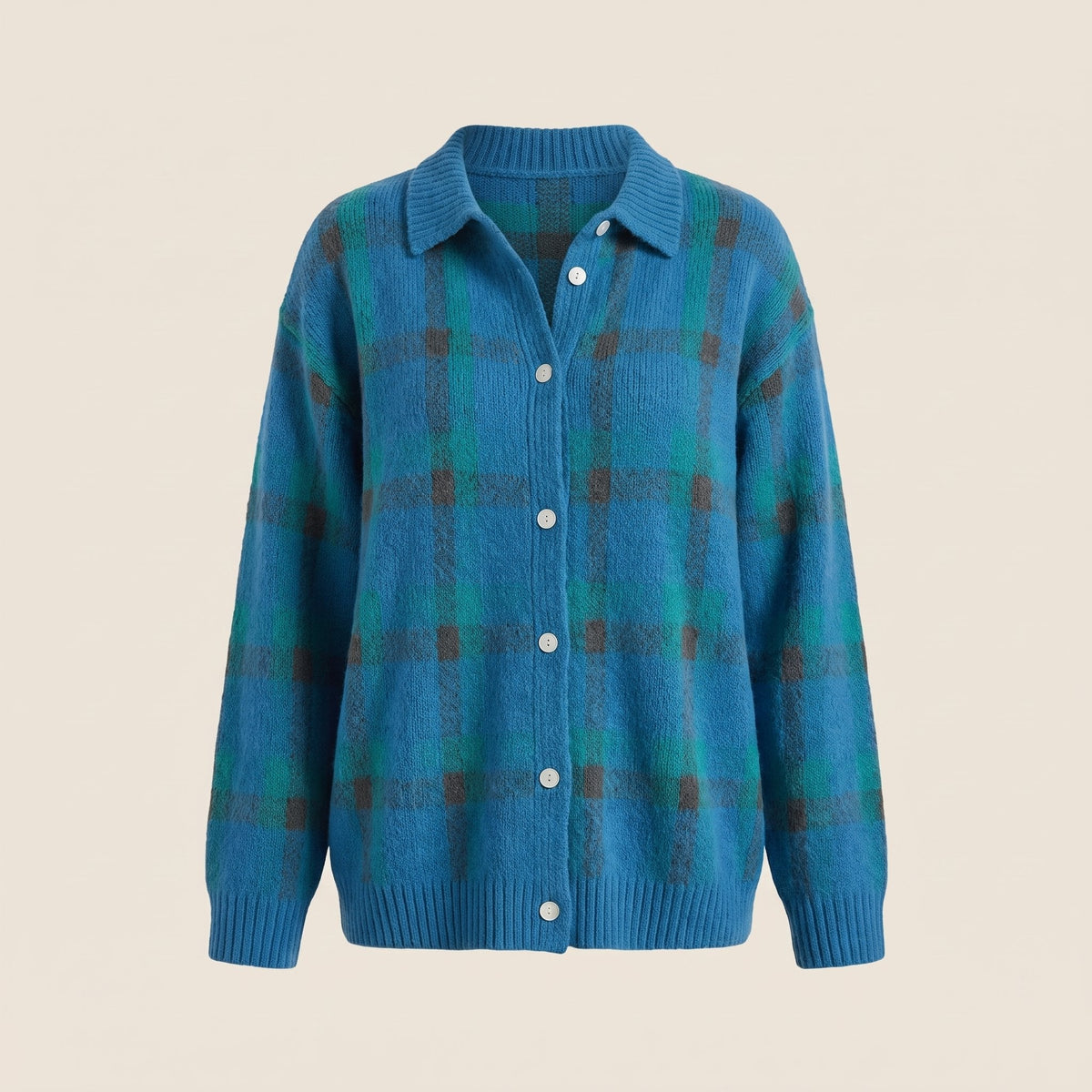 Women's Shirt-Collar Check Knit Jumper in a Relaxed Fit - Blue
