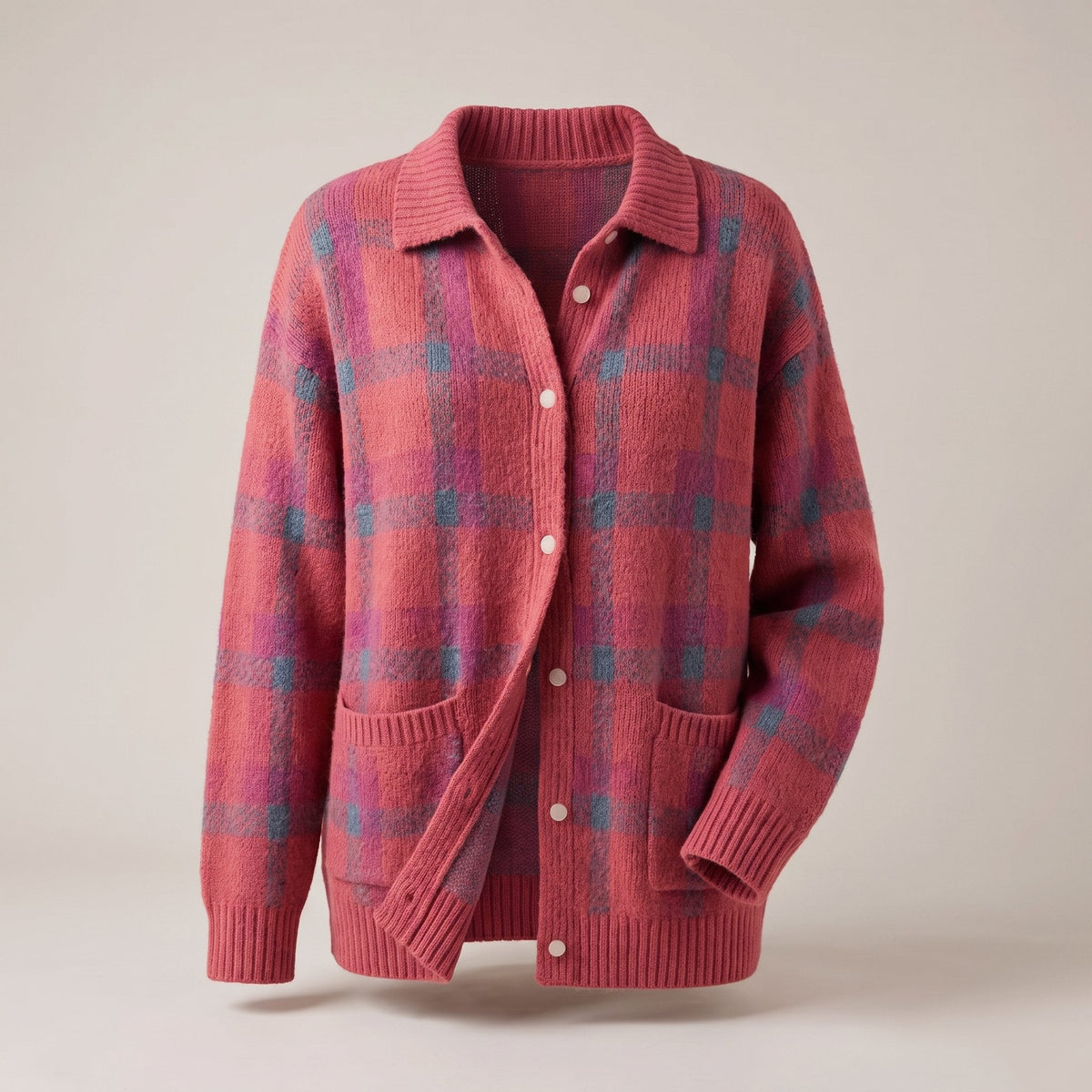 Women's Shirt-Collar Check Knit Jumper in a Relaxed Fit - Pink