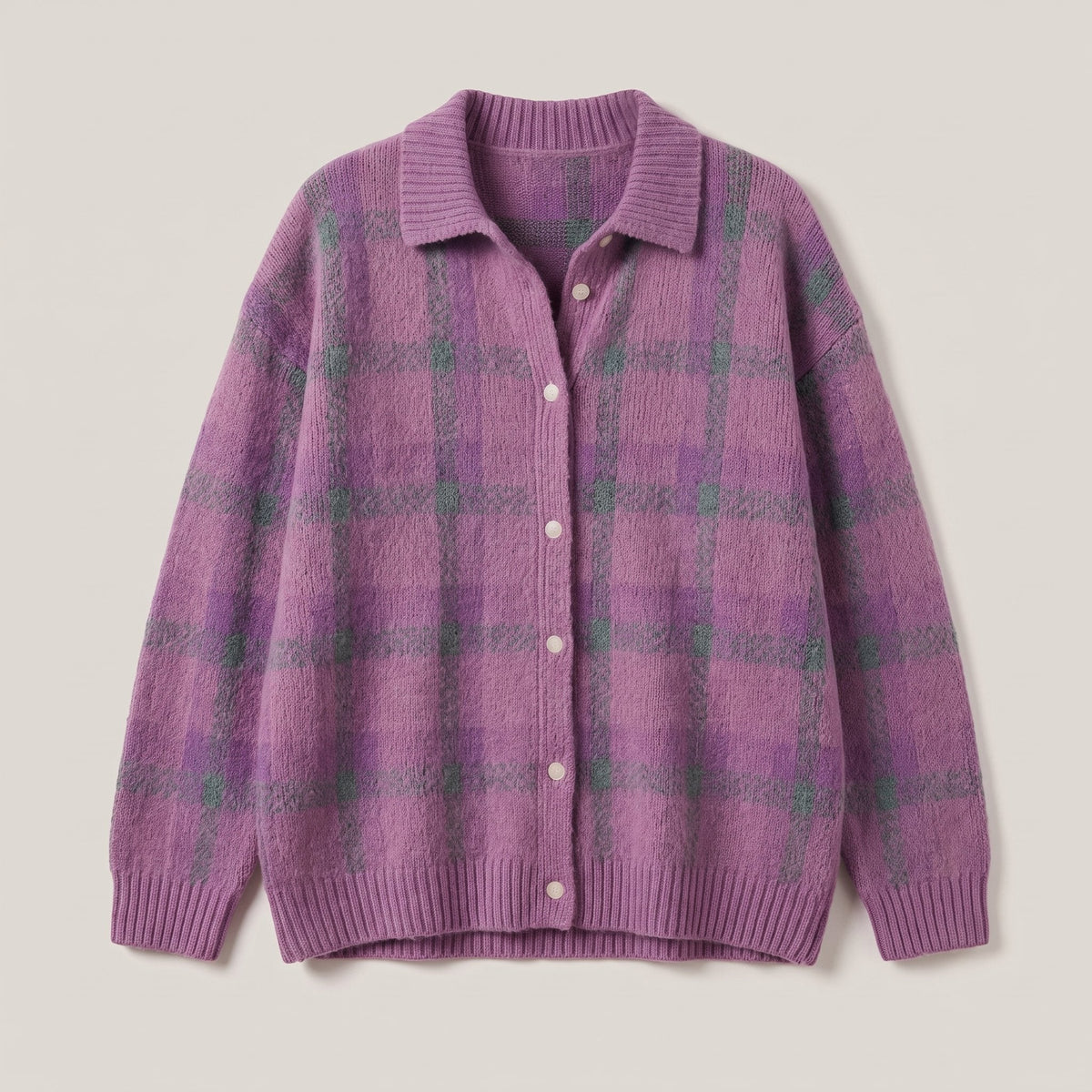 Women's Shirt-Collar Check Knit Jumper in a Relaxed Fit - Purple