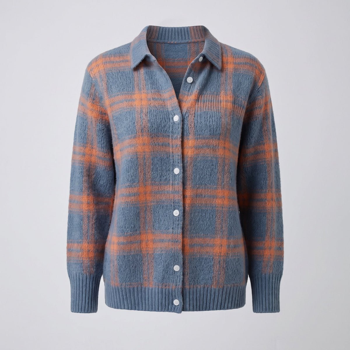 Women's Shirt-Collar Check Knit Jumper in a Relaxed Fit - Blue Orange