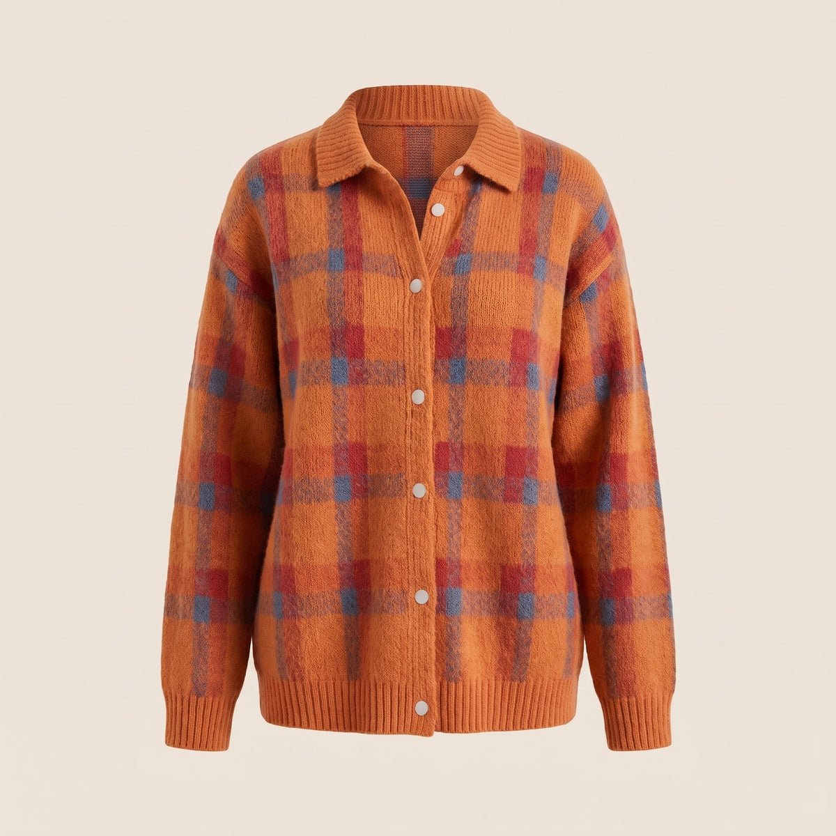 Women's Shirt-Collar Check Knit Jumper in a Relaxed Fit - Orange