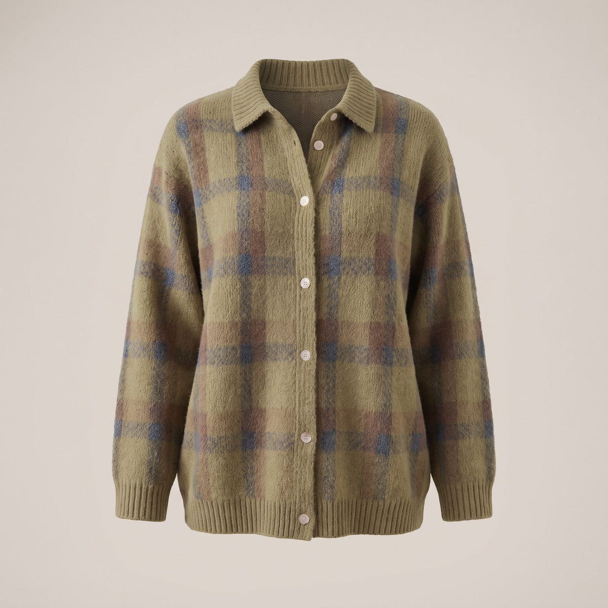 Women's Shirt-Collar Check Knit Jumper in a Relaxed Fit - Khaki
