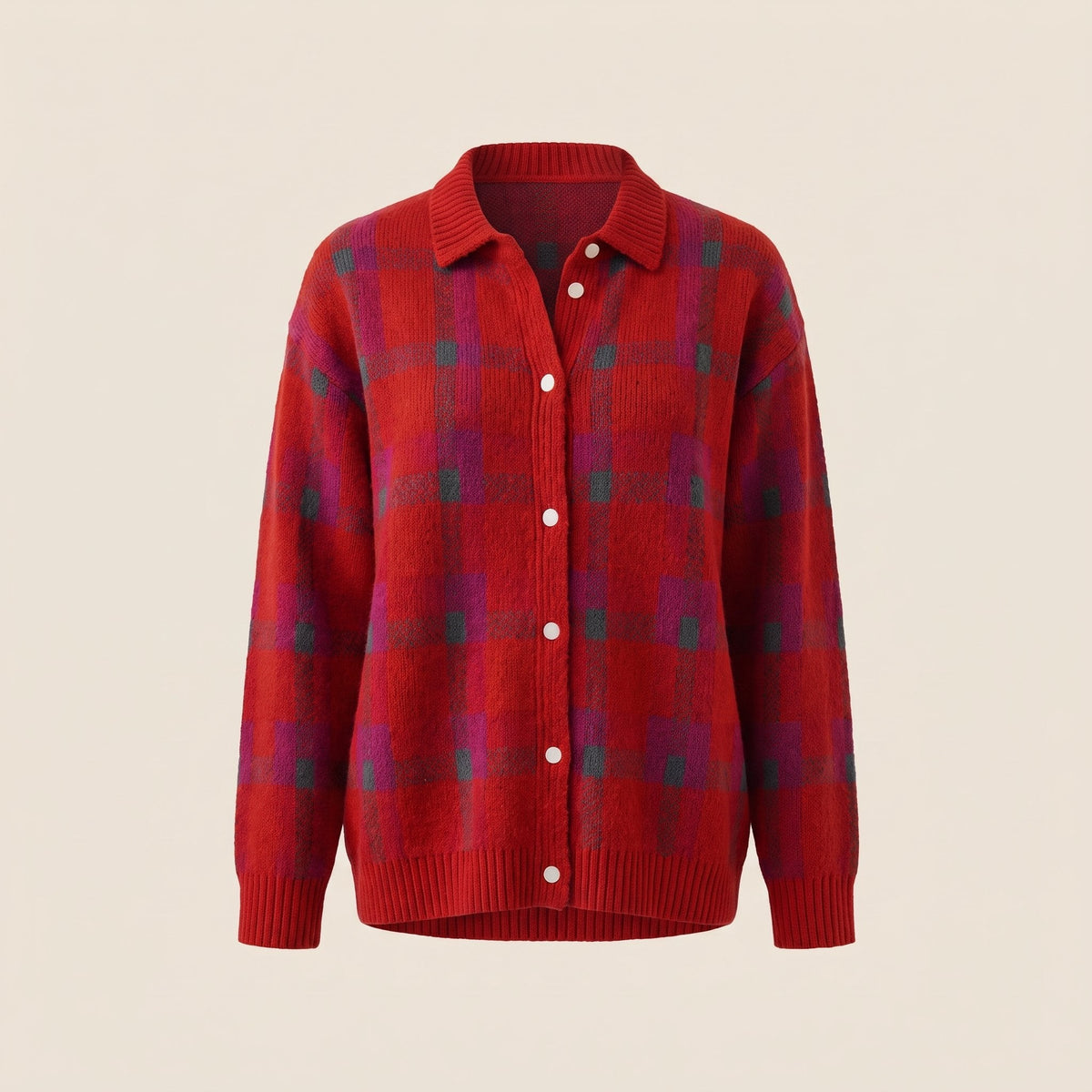 Women's Shirt-Collar Check Knit Jumper in a Relaxed Fit - Red
