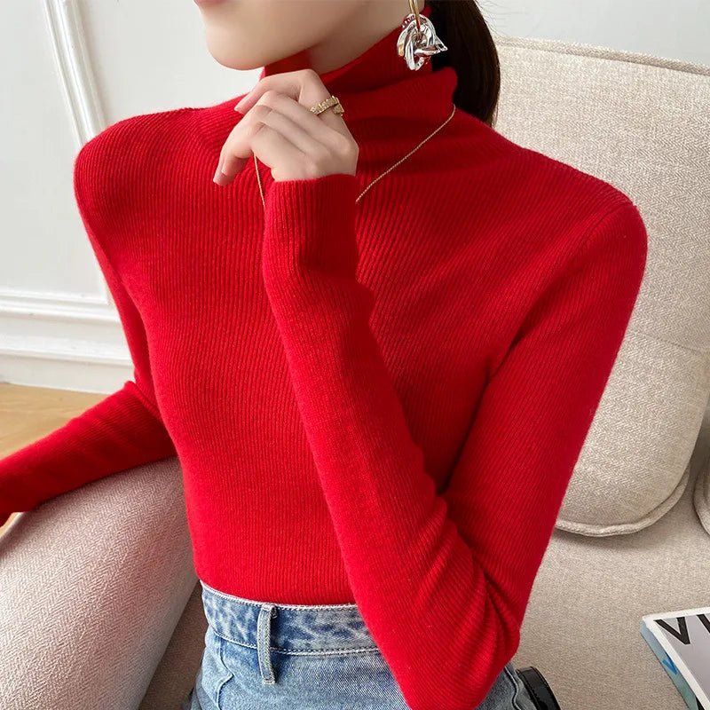 Women's Tailored Stretch-Knit High Neck Jumper - Red