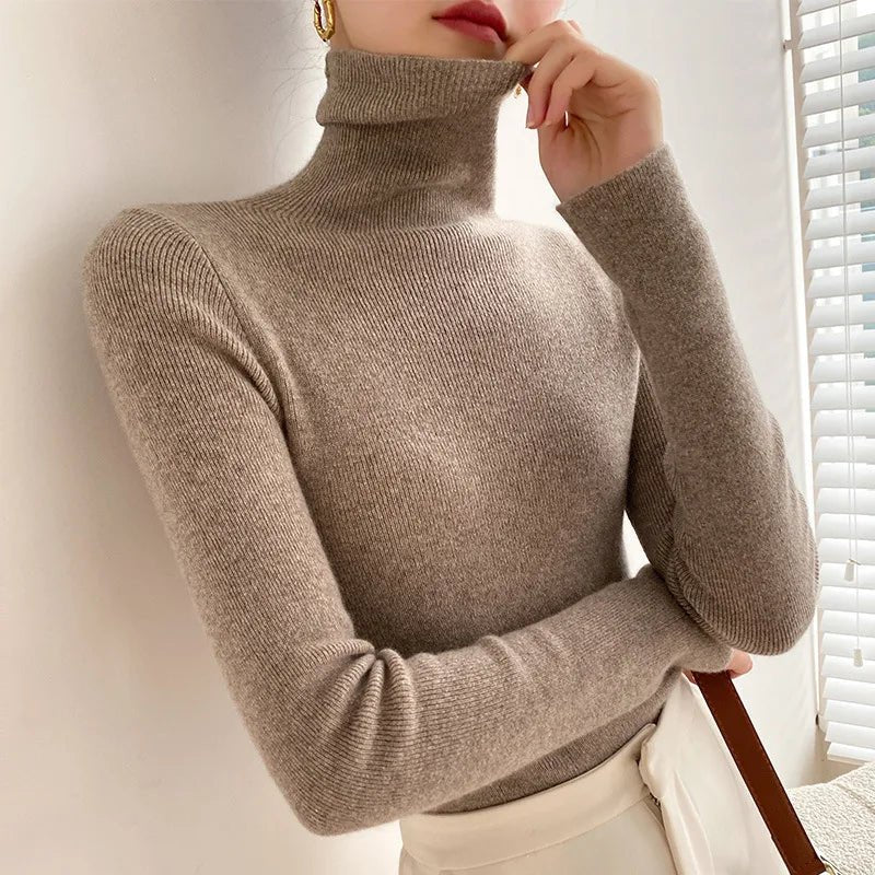 Women's Tailored Stretch-Knit High Neck Jumper - Camel