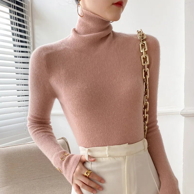 Women's Tailored Stretch-Knit High Neck Jumper - Pink