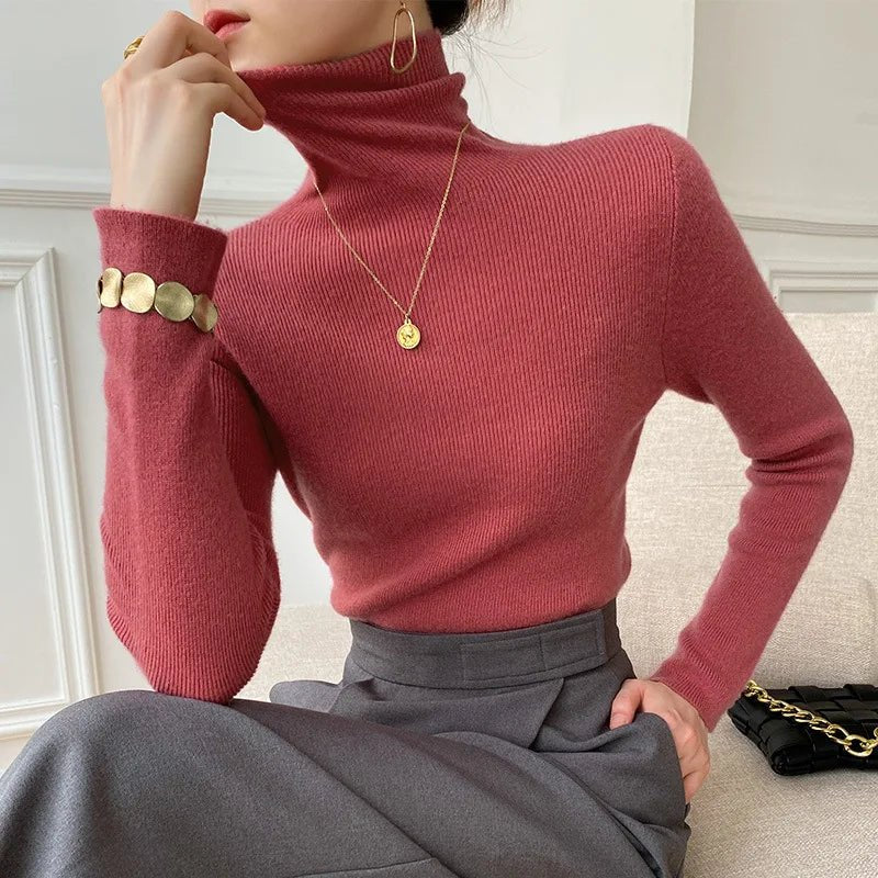 Women's Tailored Stretch-Knit High Neck Jumper - Dark Pink