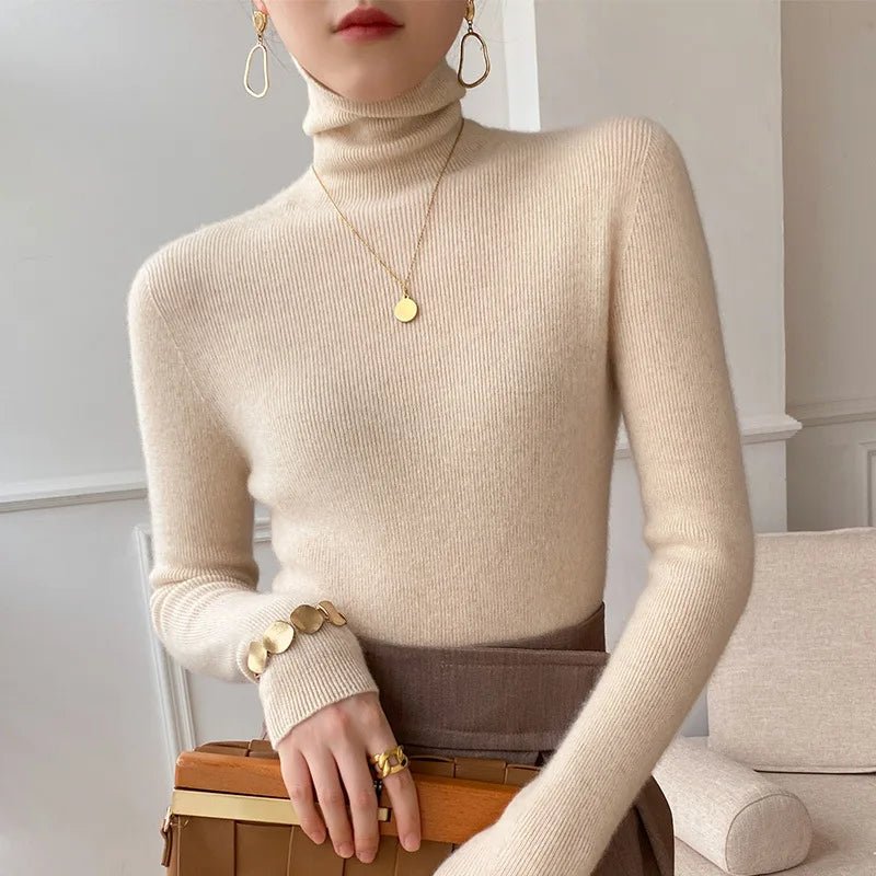Women's Tailored Stretch-Knit High Neck Jumper - Beige