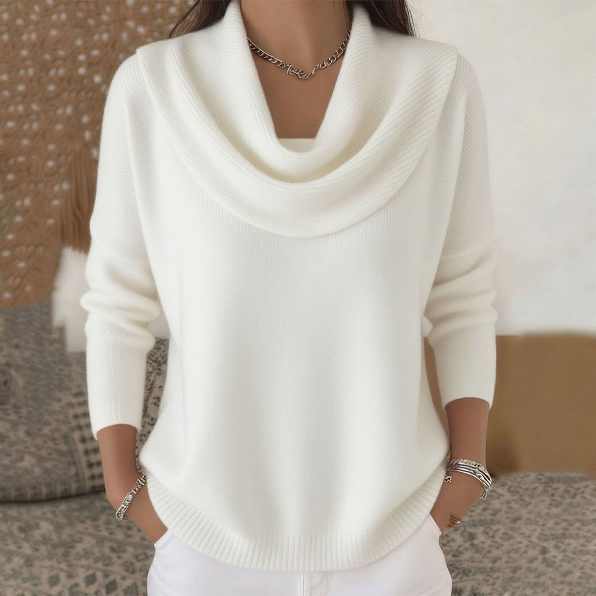 Women's Soft Cowl Neck Knit Jumper for Work and Weekends - White