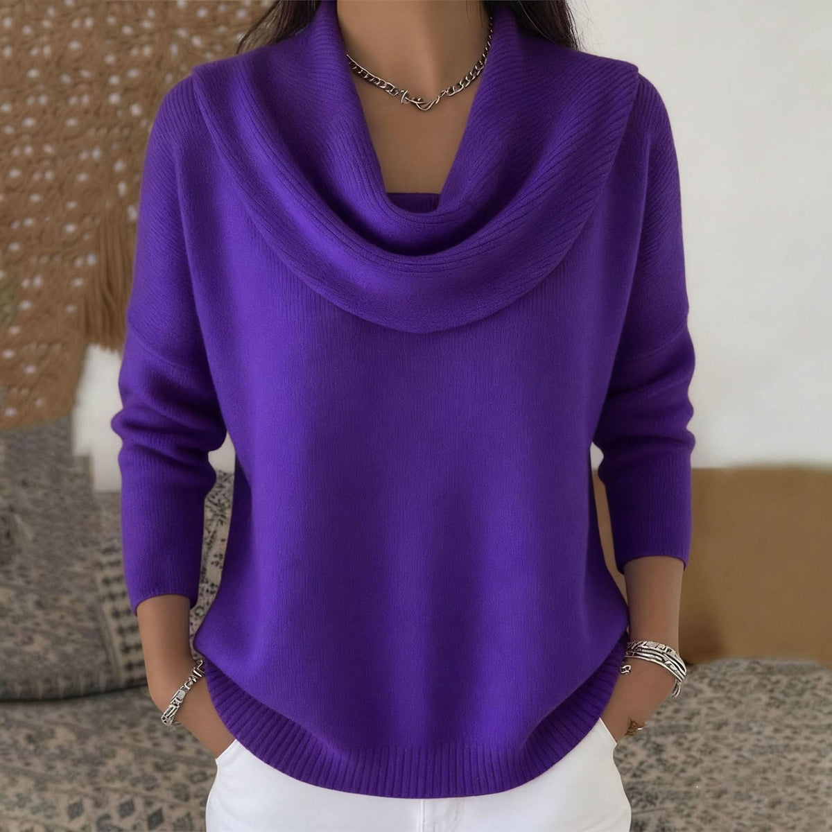Women's Soft Cowl Neck Knit Jumper for Work and Weekends - Purple