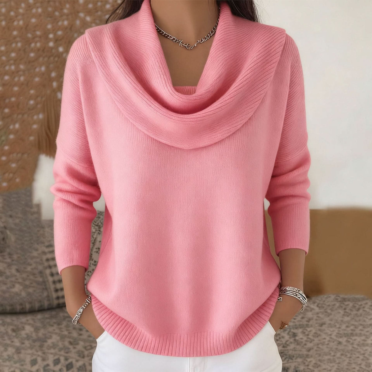 Women's Soft Cowl Neck Knit Jumper for Work and Weekends - Pink