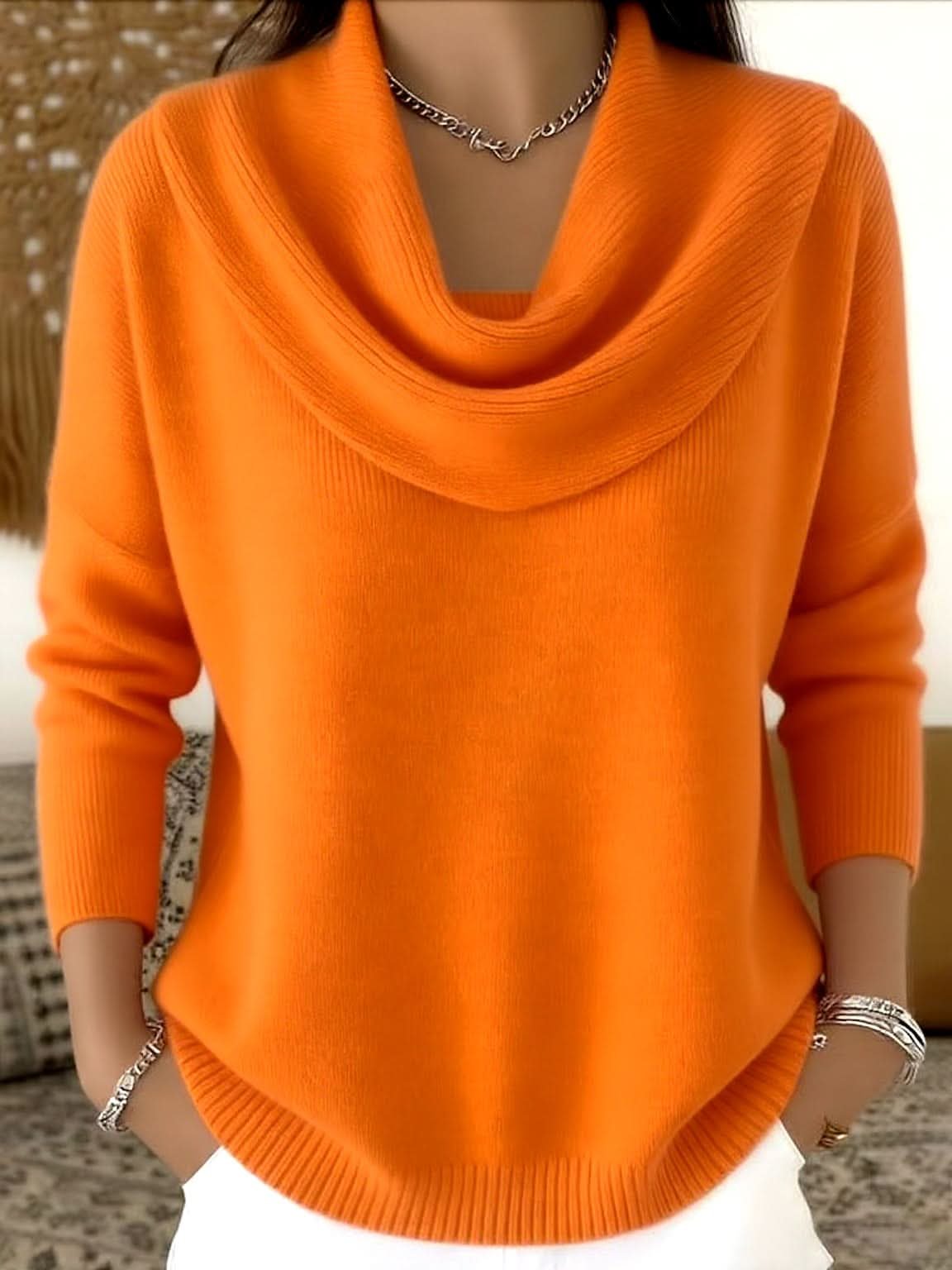 Women's Soft Cowl Neck Knit Jumper for Work and Weekends - Orange