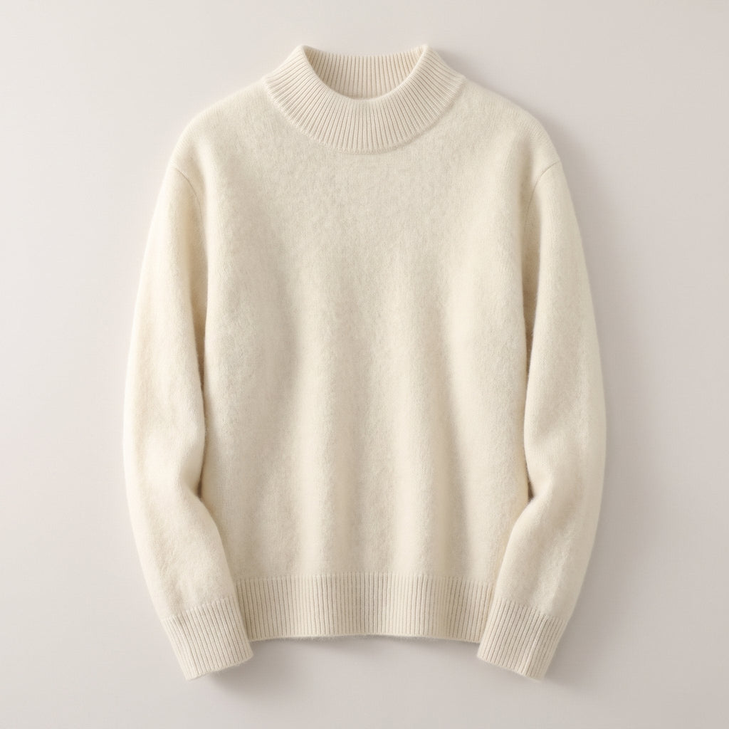Women's Soft Knit Mock Neck Jumper with Ribbed Edging - Cream