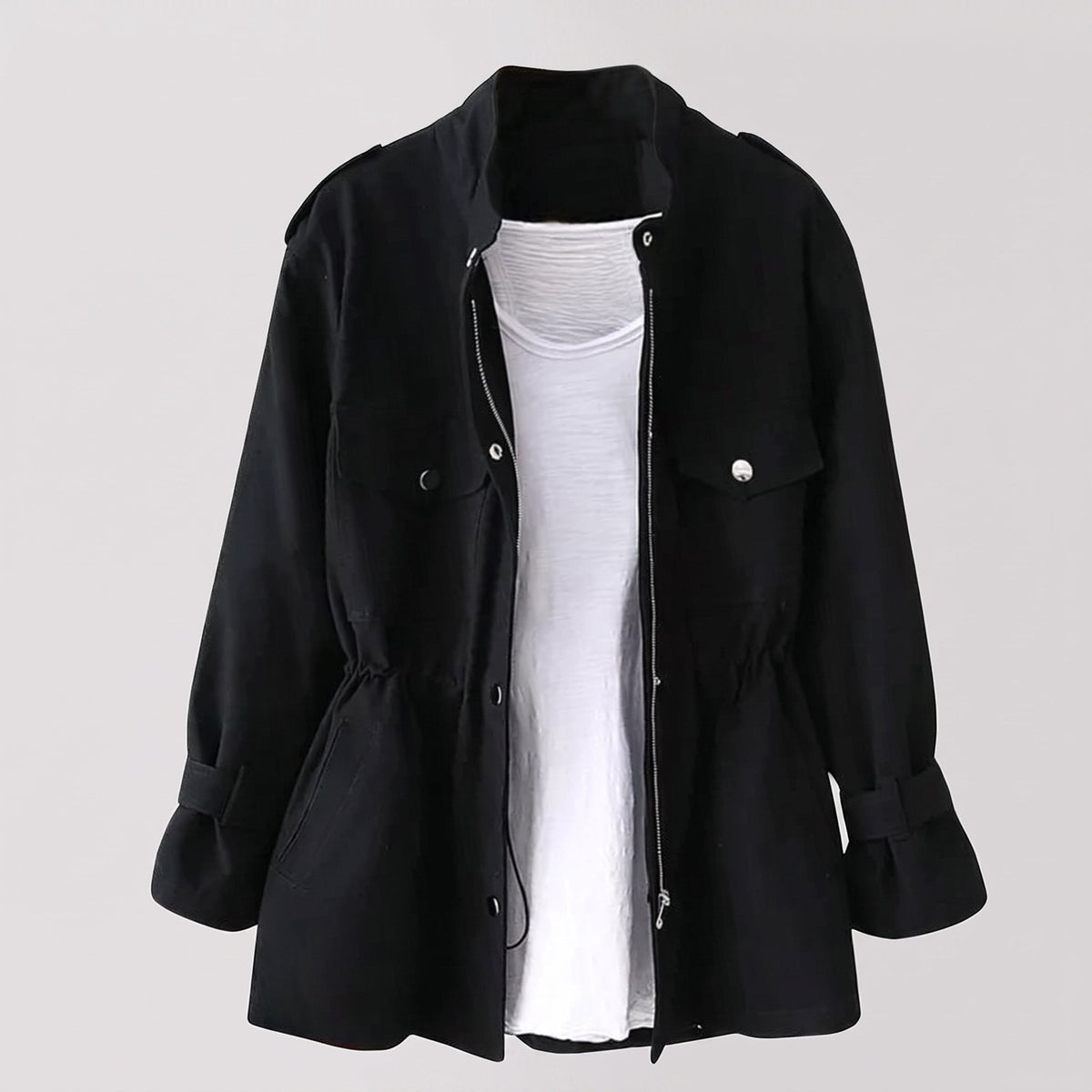 Women's Wool-Style Blend Belted Coat with Double-Breasted Front - Black