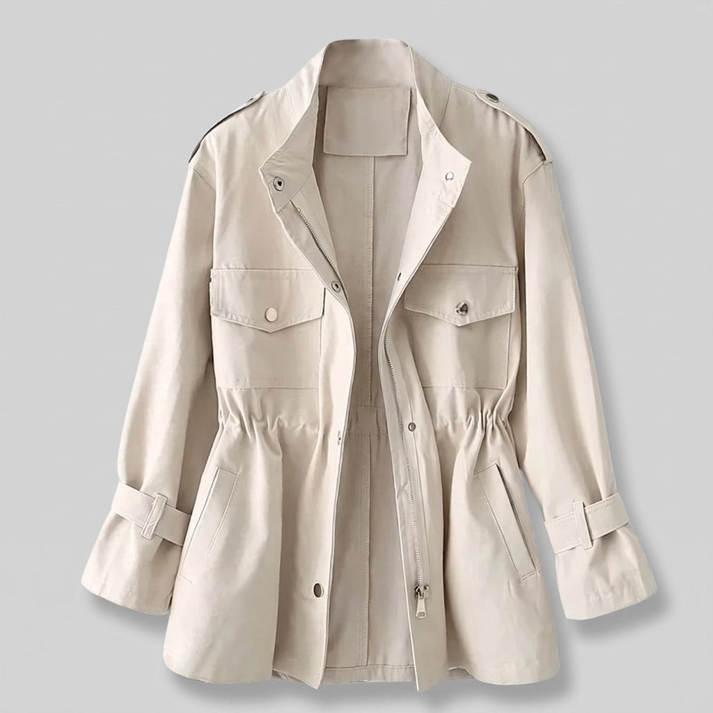 Women's Wool-Style Blend Belted Coat with Double-Breasted Front - Cream