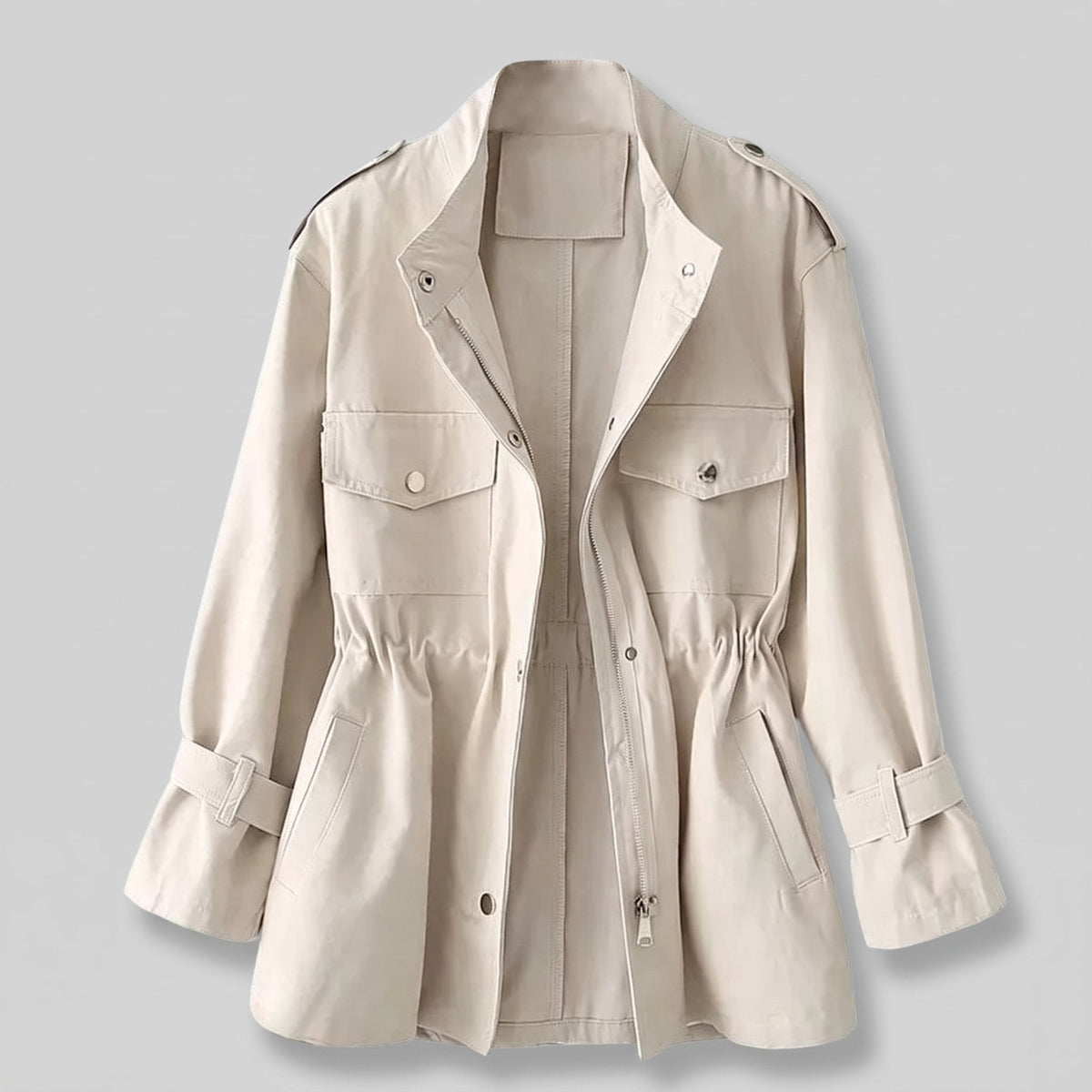 Women's Wool-Style Blend Belted Coat with Double-Breasted Front - Cream
