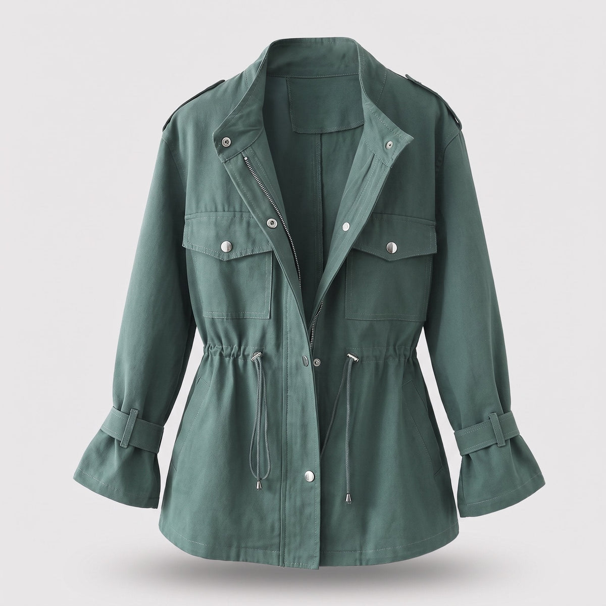 Women's Wool-Style Blend Belted Coat with Double-Breasted Front - Green