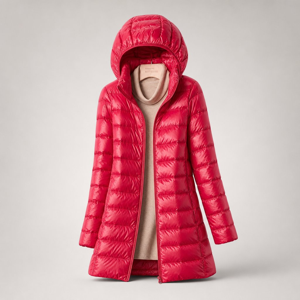 Women's Shaped Down Puffer Jacket for Spring and Autumn - Red