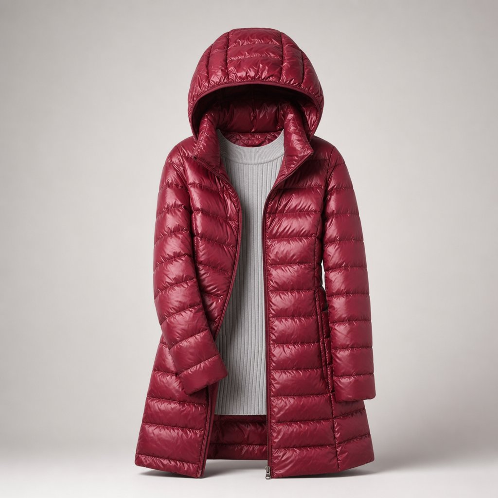 Women's Shaped Down Puffer Jacket for Spring and Autumn - Burgundy