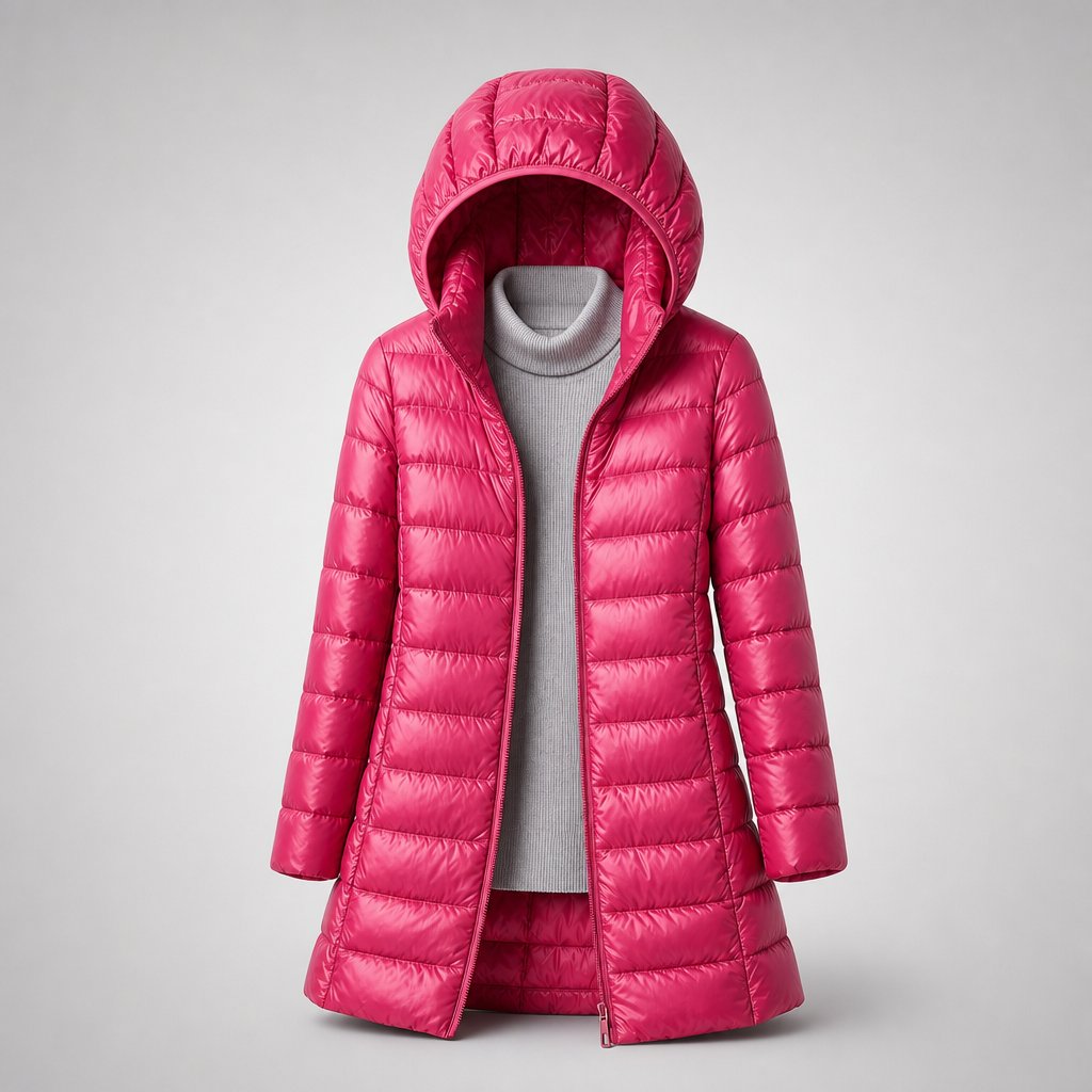 Women's Shaped Down Puffer Jacket for Spring and Autumn - Dark Pink