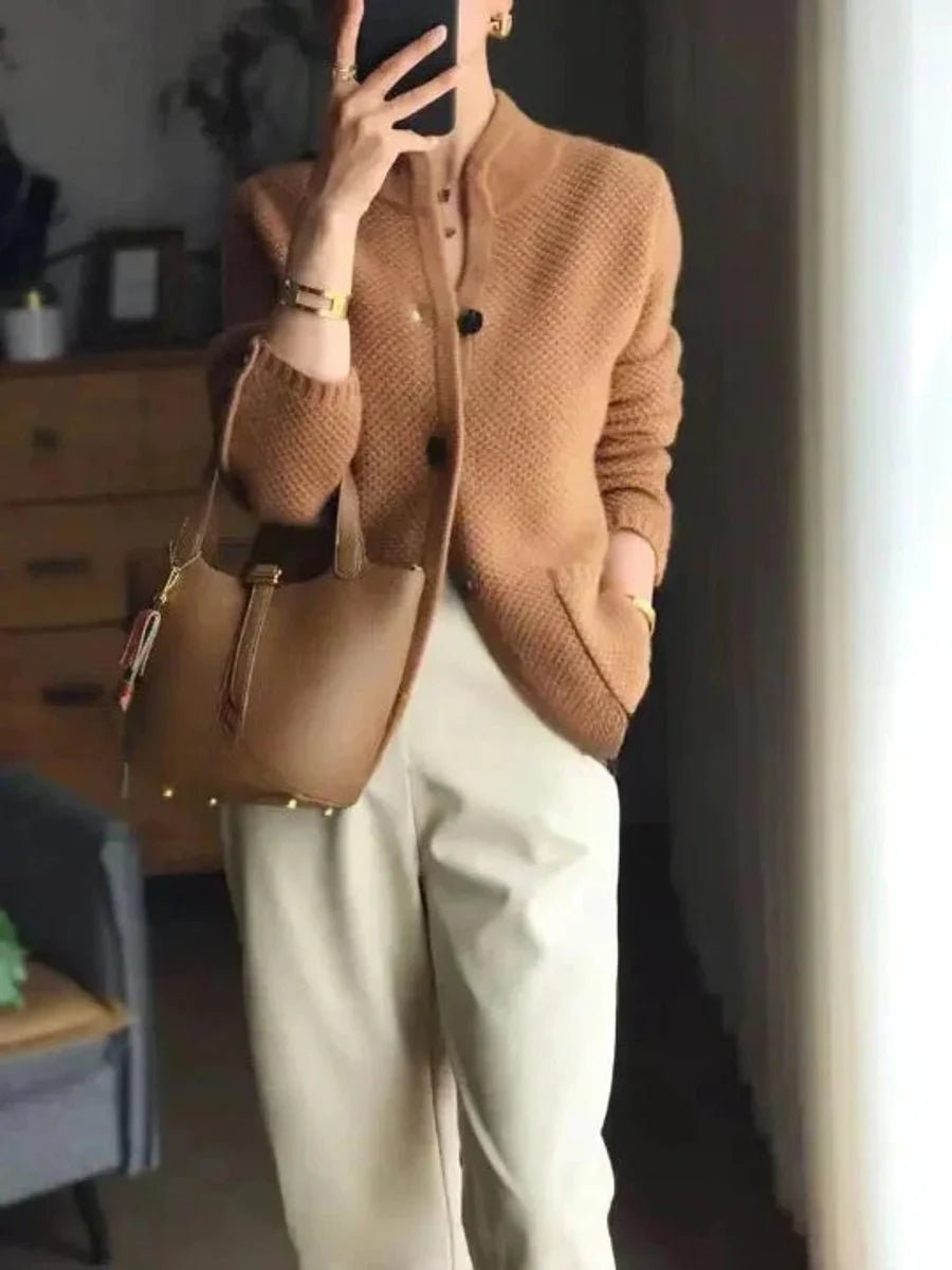 Women's Contrast-Button Wool-Style Cardigan with Stand Collar - Brown