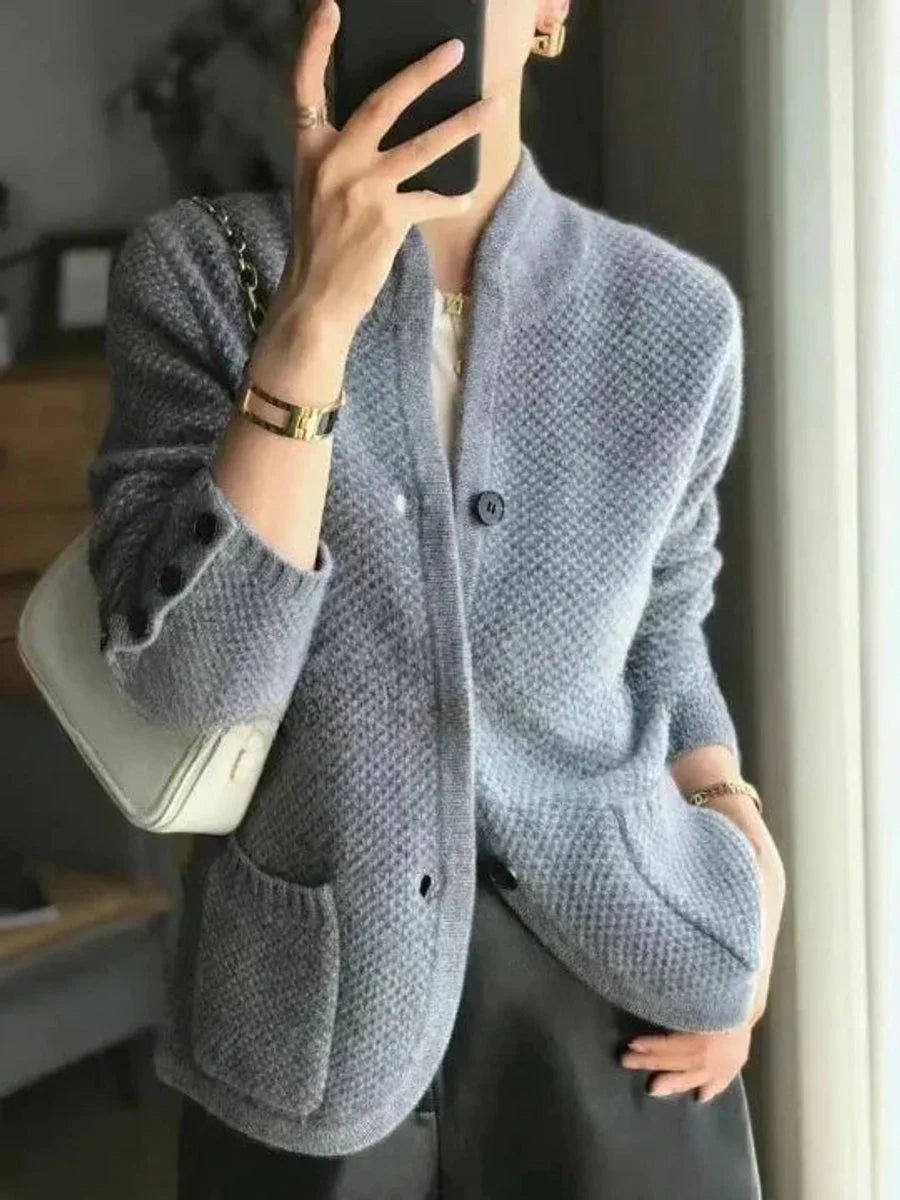 Women's Contrast-Button Wool-Style Cardigan with Stand Collar - Blue