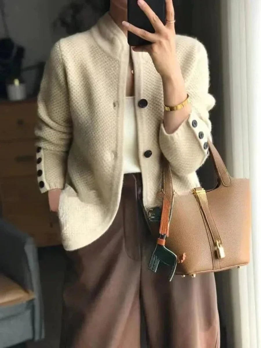 Women's Contrast-Button Wool-Style Cardigan with Stand Collar - Beige