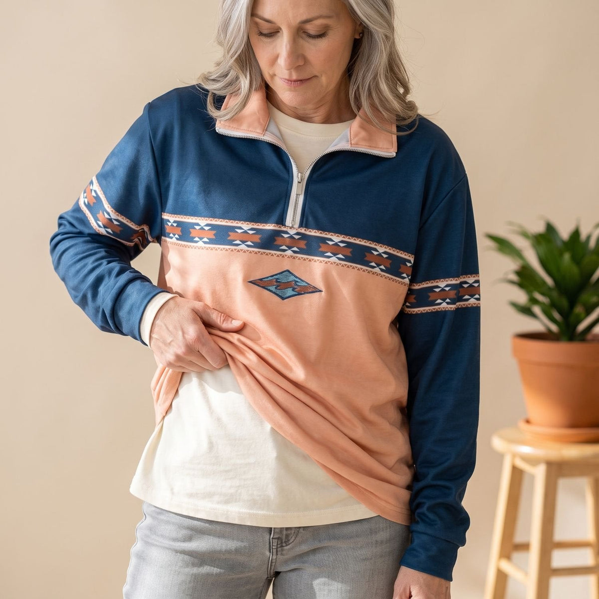 Women's Half-Zip Jumper with Retro Geometric Chest Print - Yellow