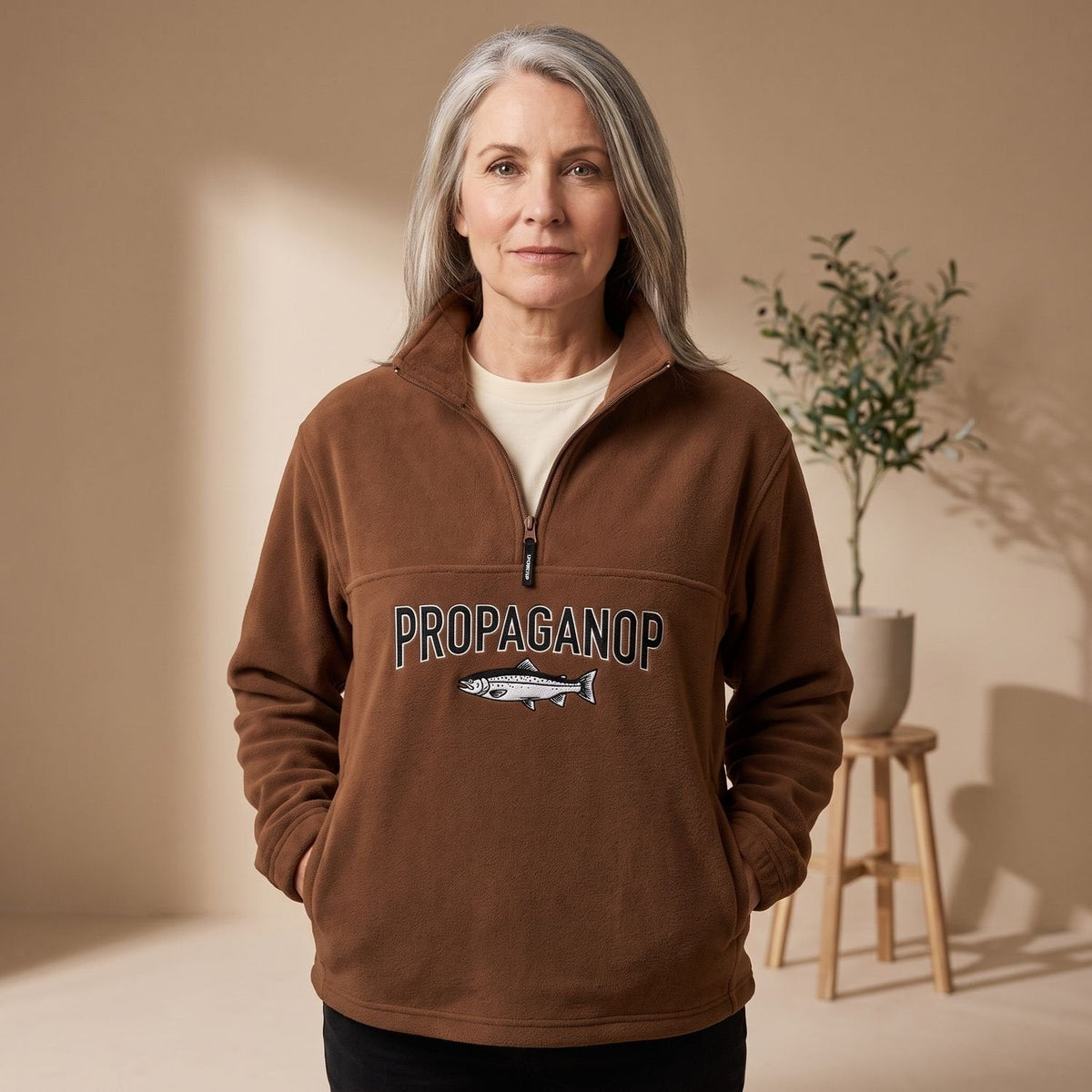 Women's Half-Zip Jumper with Retro Geometric Chest Print - Brown