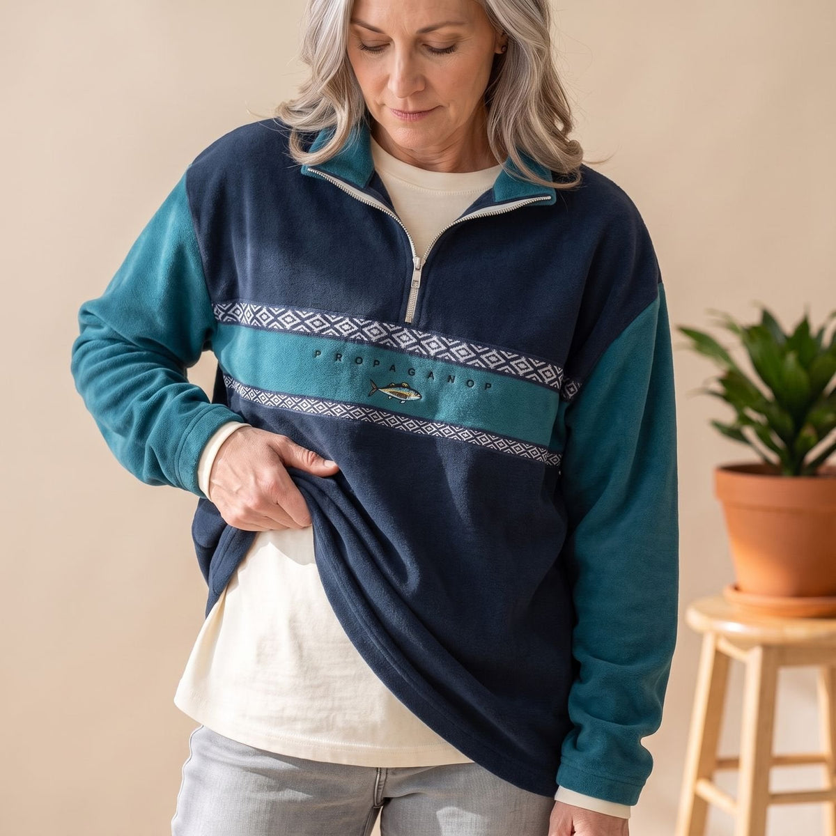 Women's Half-Zip Jumper with Retro Geometric Chest Print - Blue