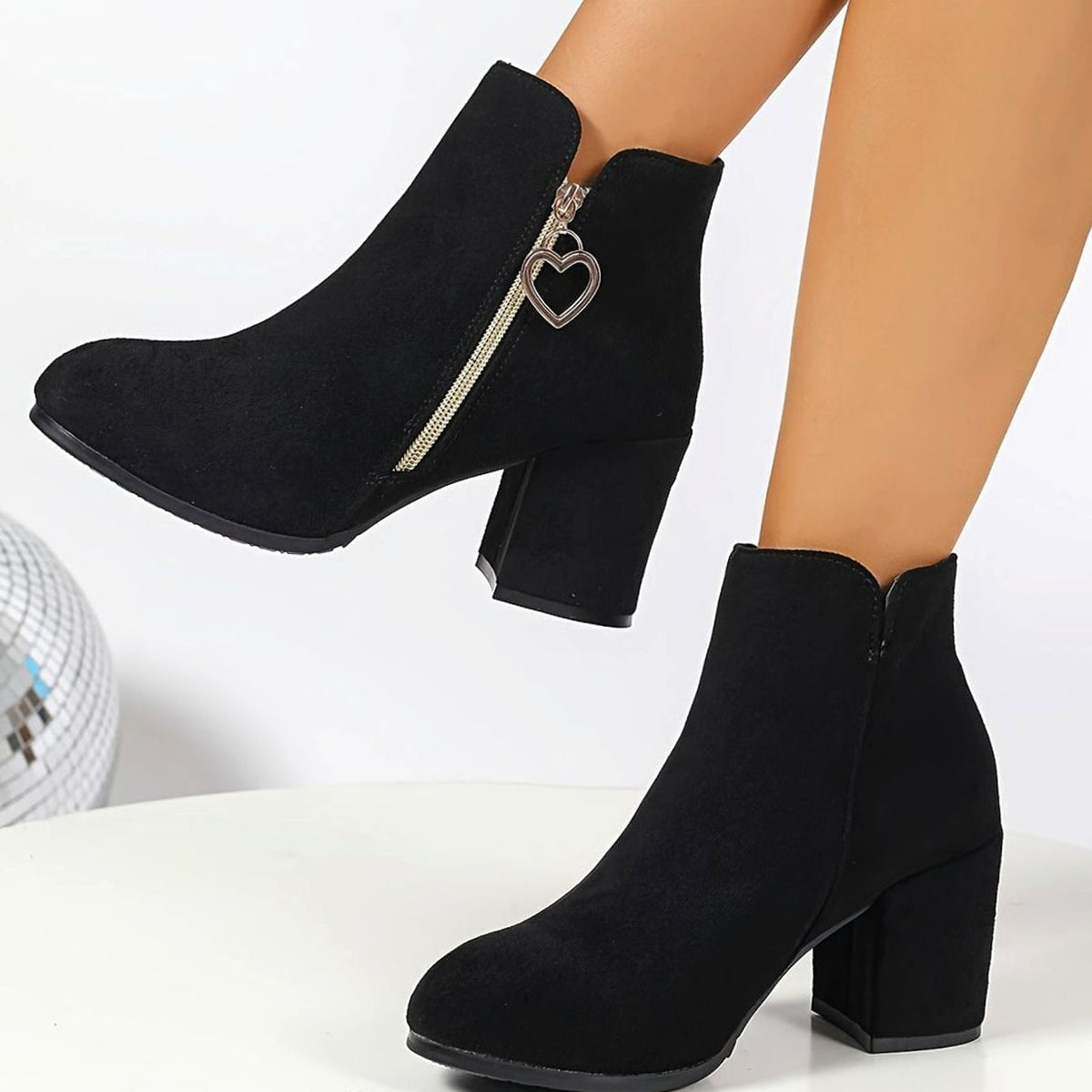 Women's Suede-Look Ankle Boots with Heart Zip Charm and Block Heel - Black