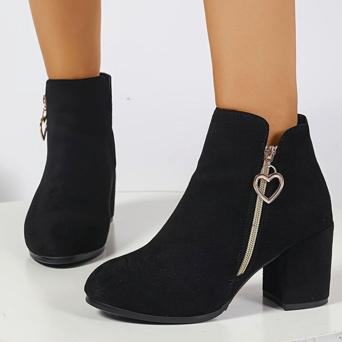 Women's Suede-Look Ankle Boots with Heart Zip Charm and Block Heel