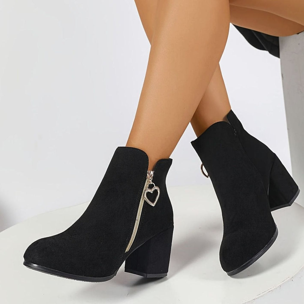 Women's Suede-Look Ankle Boots with Heart Zip Charm and Block Heel