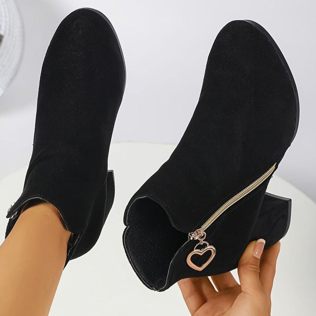 Women's Suede-Look Ankle Boots with Heart Zip Charm and Block Heel