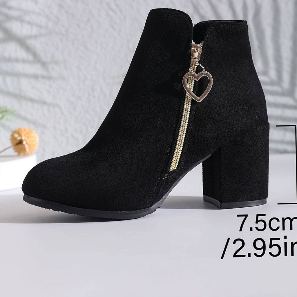 Women's Suede-Look Ankle Boots with Heart Zip Charm and Block Heel