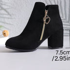 Women's Suede-Look Ankle Boots with Heart Zip Charm and Block Heel
