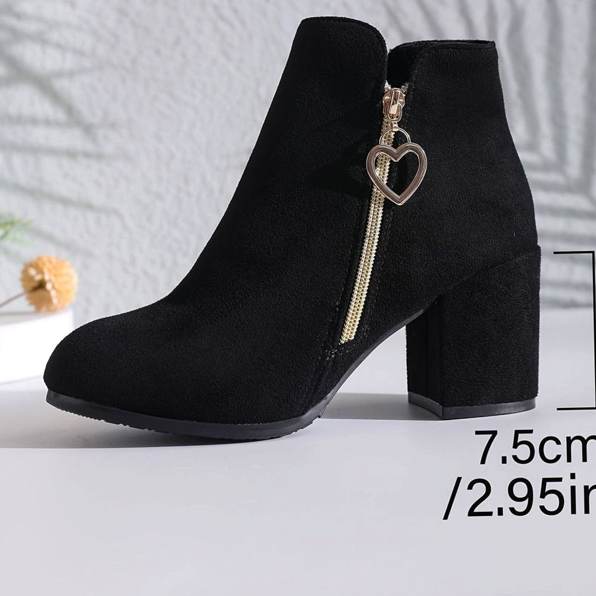 Women's Suede-Look Ankle Boots with Heart Zip Charm and Block Heel
