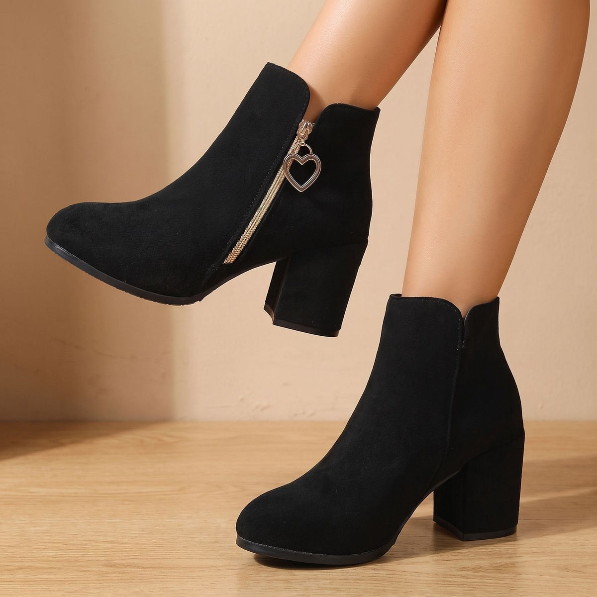 Women's Chunky-Heel Suede Boots with Heart-Shaped Zip Charm