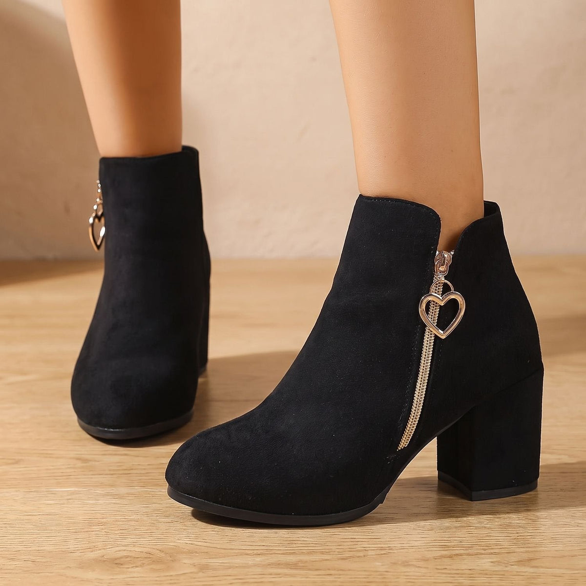 Women's Chunky-Heel Suede Boots with Heart-Shaped Zip Charm